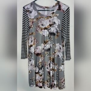 Honeyme Gray Floral & Striped Long Sleeve Swing Dress Size Medium